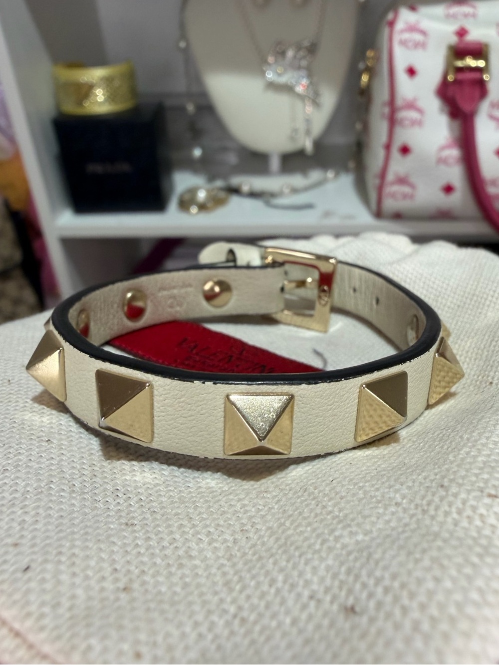Valentino Cream Rockstud Leather Bracelet